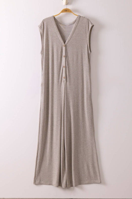 PLUS SIZE Striped Knit Button Down Jumpsuit