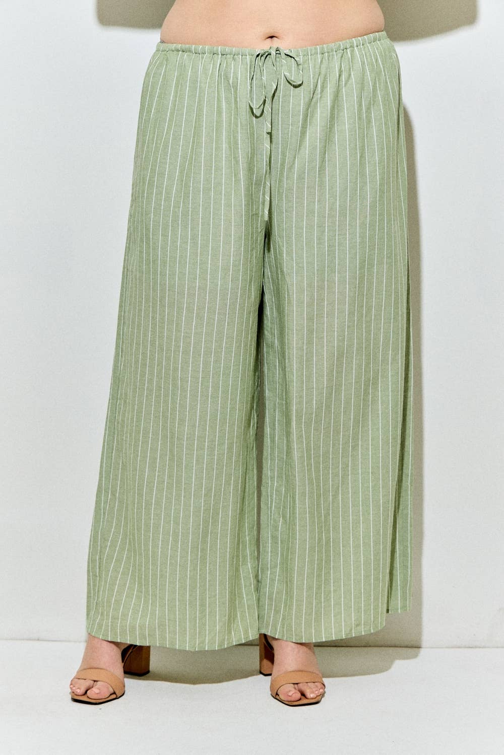 Plus Size Pinstripe Elastic Waist Tie Pant