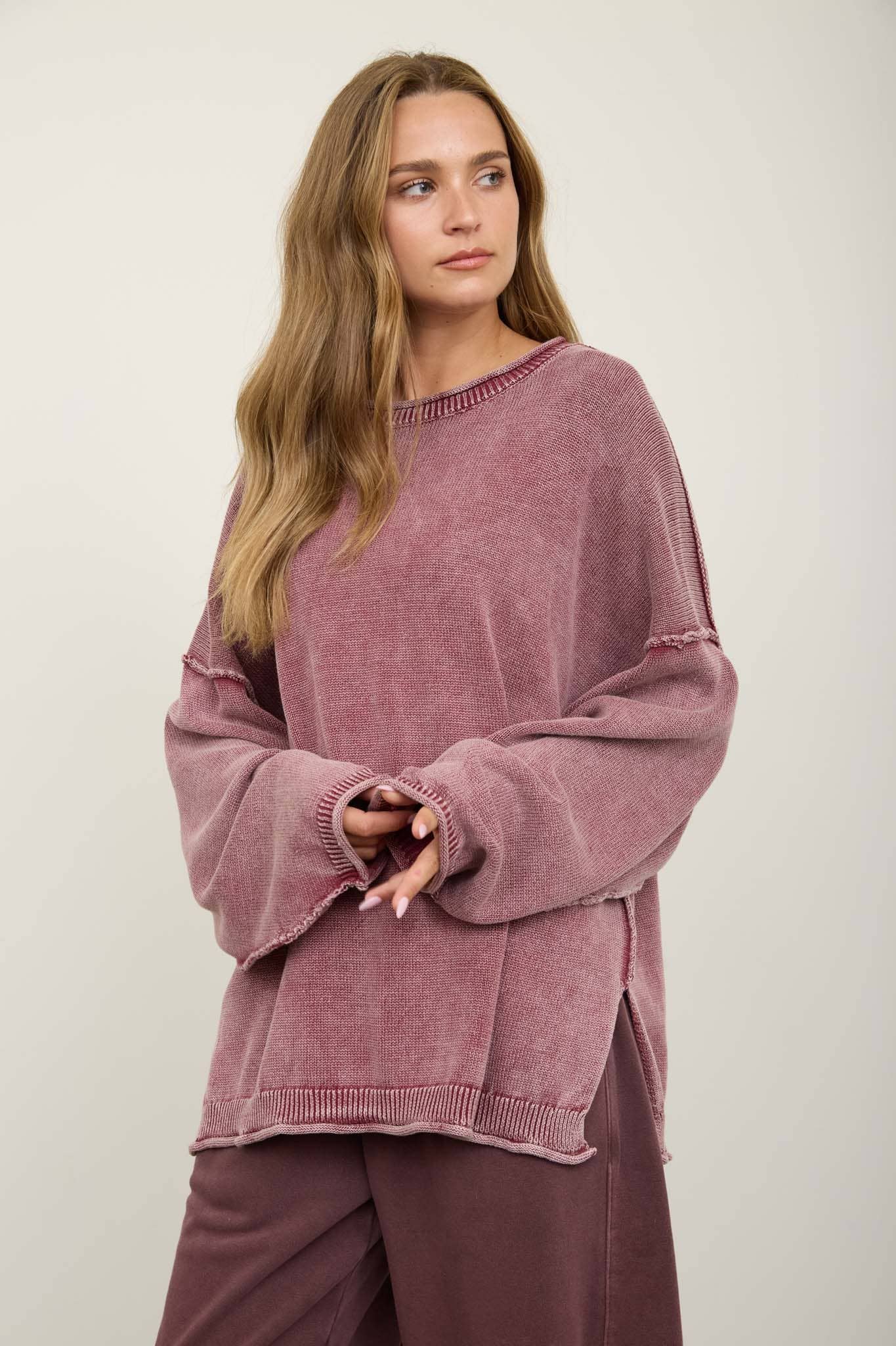 Washed Raw Edge Drop Sleeve Shoulder Sweater