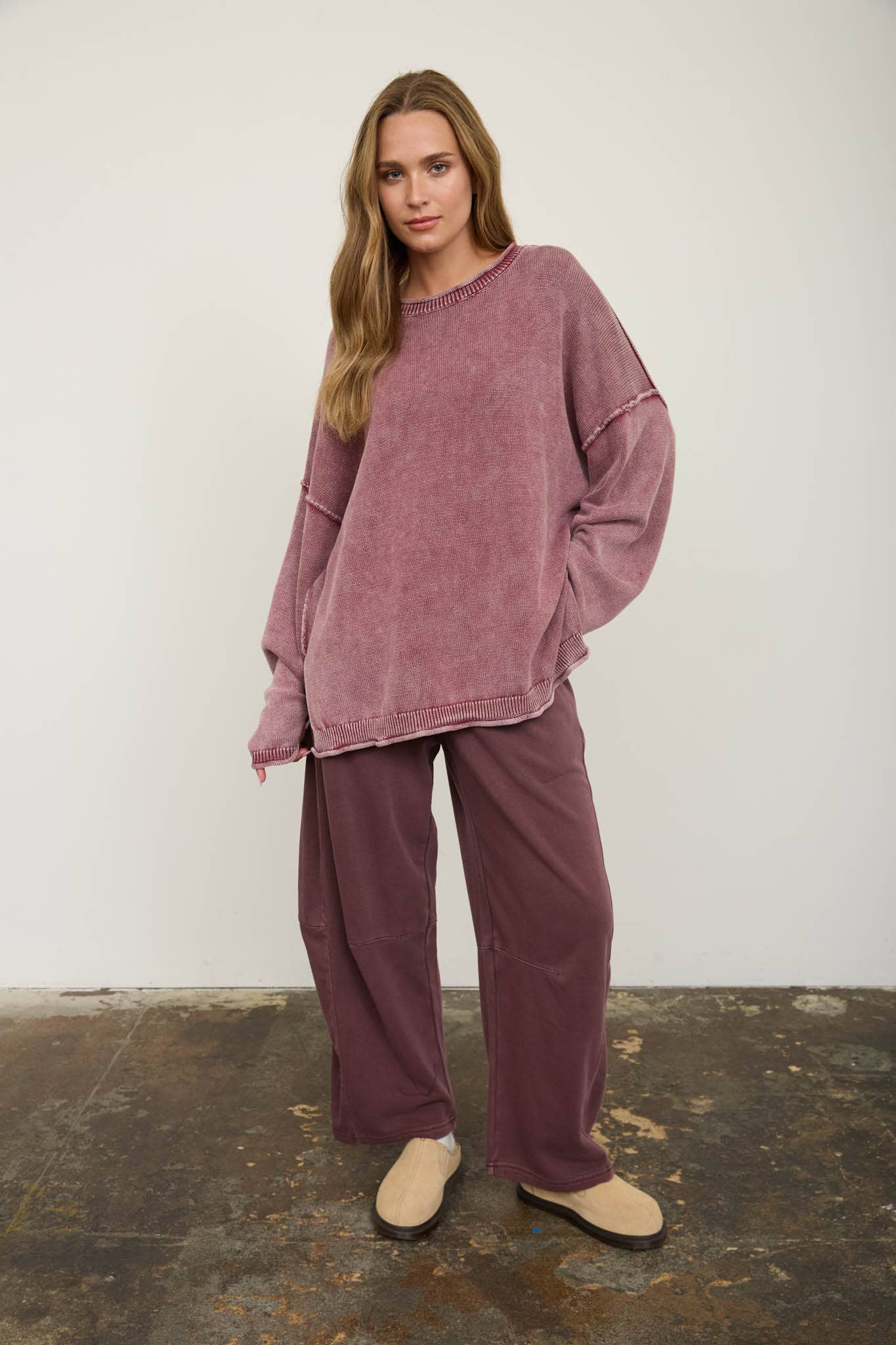 Washed Raw Edge Drop Sleeve Shoulder Sweater
