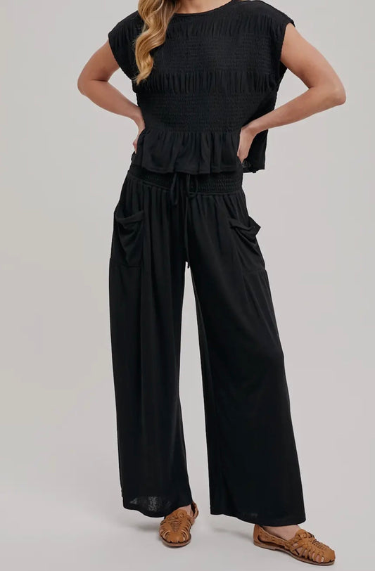 Relaxed Knit Smocked Top and Wide Pants Set