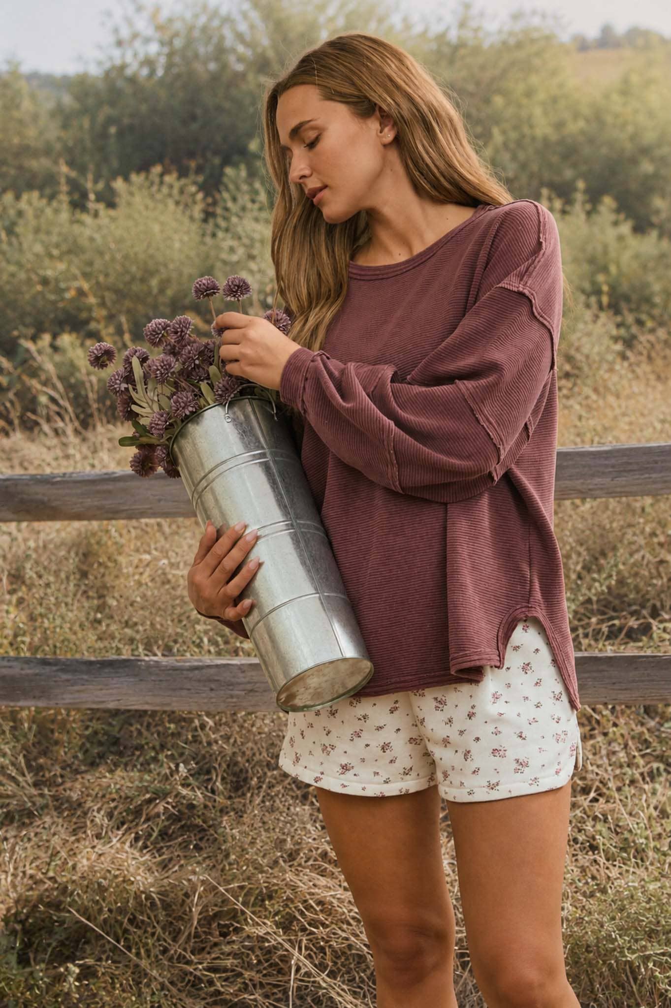 Exposed Seam Detail Long Sleeve Knit Top