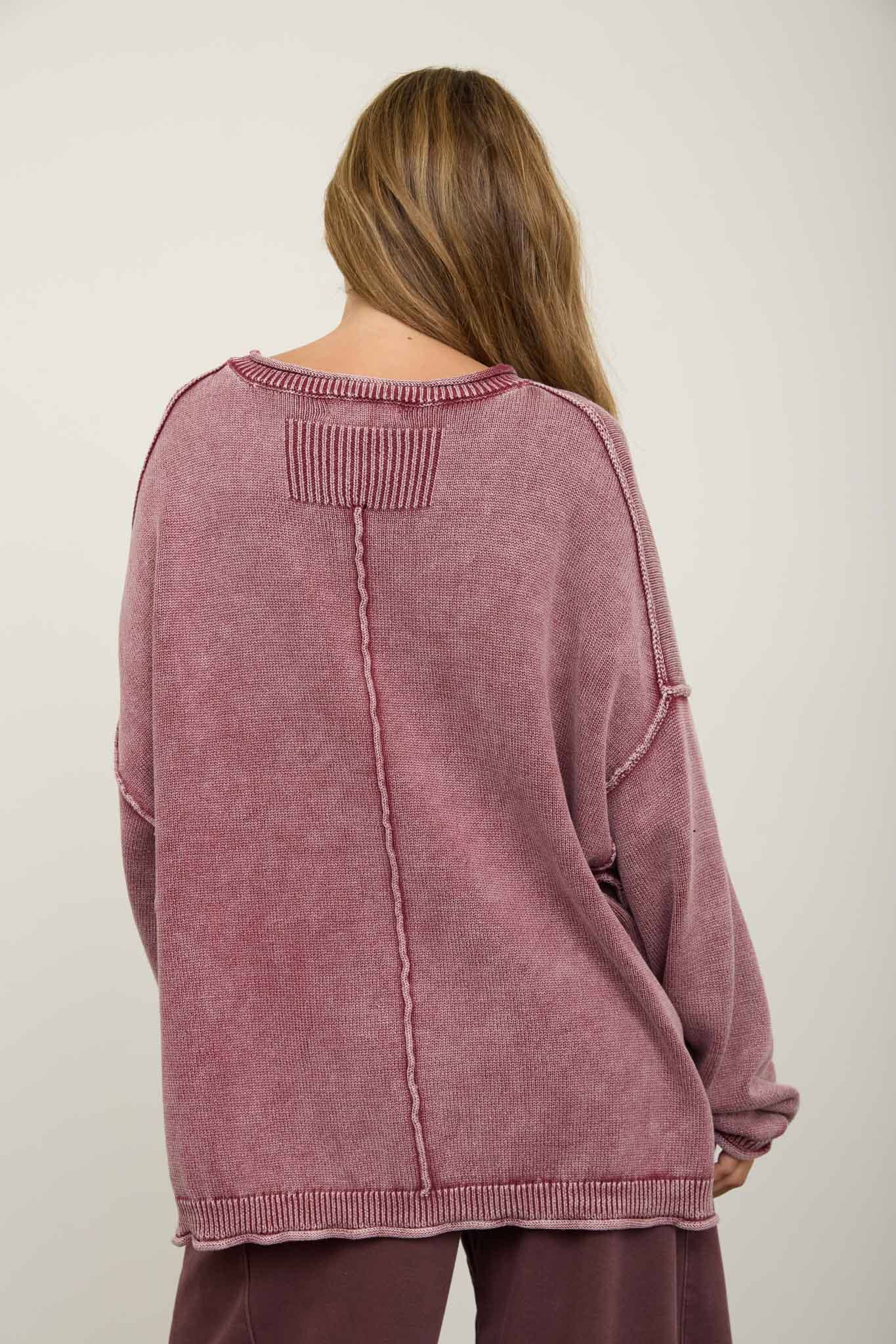 Washed Raw Edge Drop Sleeve Shoulder Sweater