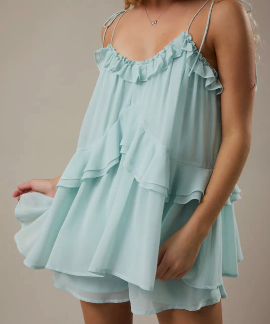 RUFFLE DETAIL SHOULDER TIE FLARE ROMPER
