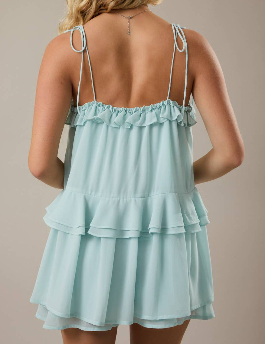 RUFFLE DETAIL SHOULDER TIE FLARE ROMPER