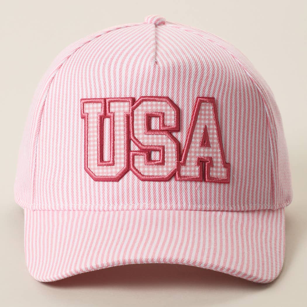 USA Embroidered Patch Gingham Stripe Trucker Hat